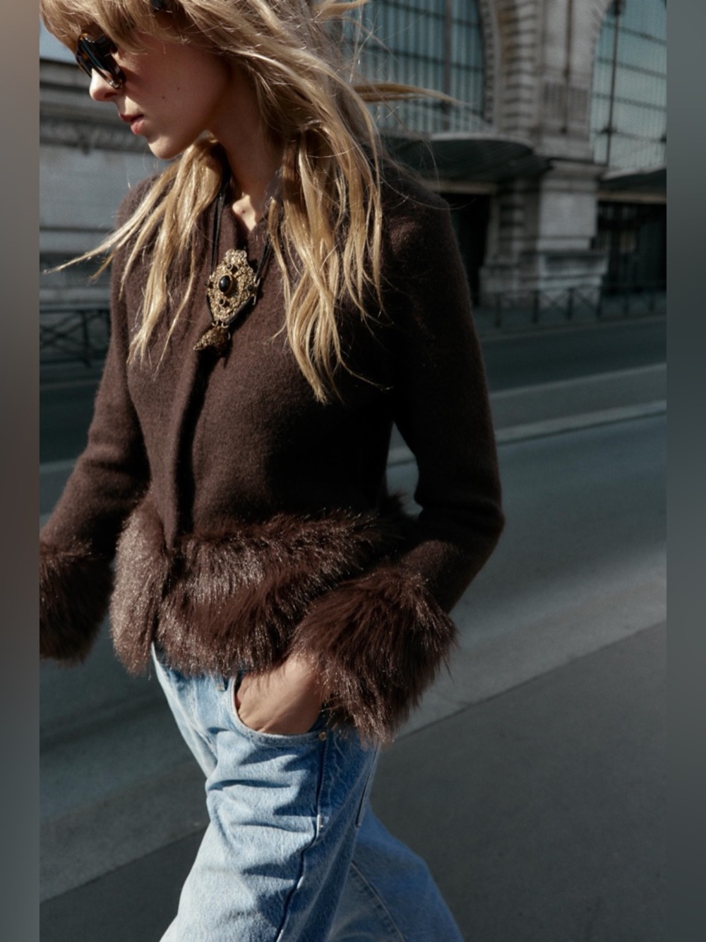 NWT Zara Faux Fur Brown Cardigan Sweater